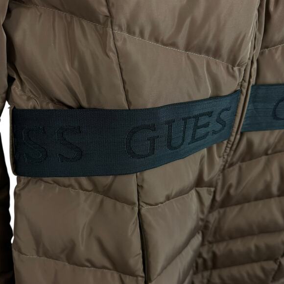 GUESS Janina Brown Long Line Faux Fur Hood Full Zip Down Puffer Jacket Size L - Picture 3 of 14